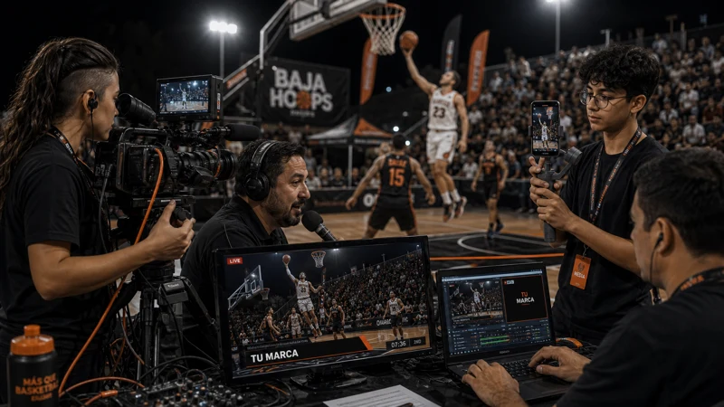 Presencia digital y transmisión en vivo de Baja Hoops con cámaras, monitor de producción y contenido para redes