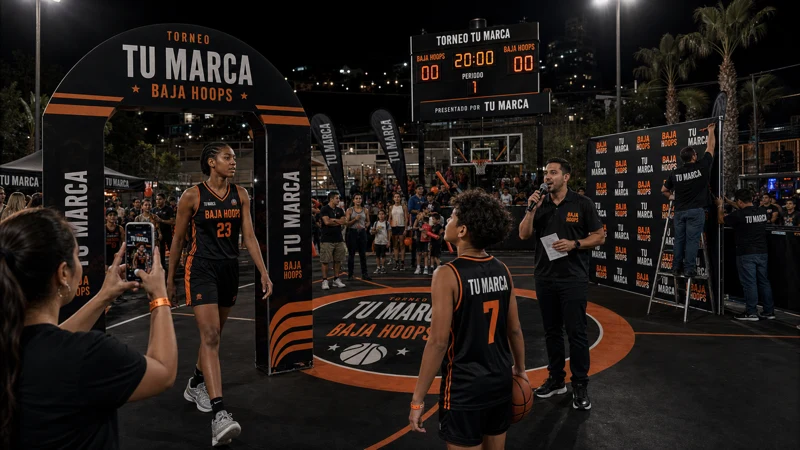 Naming rights para torneo Baja Hoops con arco de entrada, marcador, centro de cancha y backdrop de marca