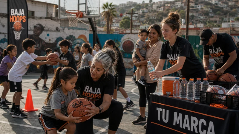 Responsabilidad social de Baja Hoops con clínica comunitaria, niñas y niños practicando basketball y apoyo a la juventud