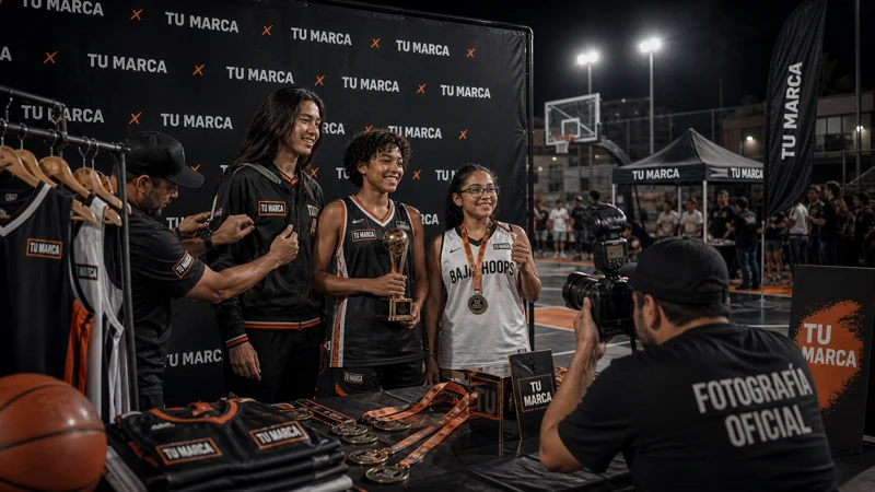 Uniformes, backdrops, medallas y materiales oficiales de Baja Hoops con espacios visibles para patrocinadores