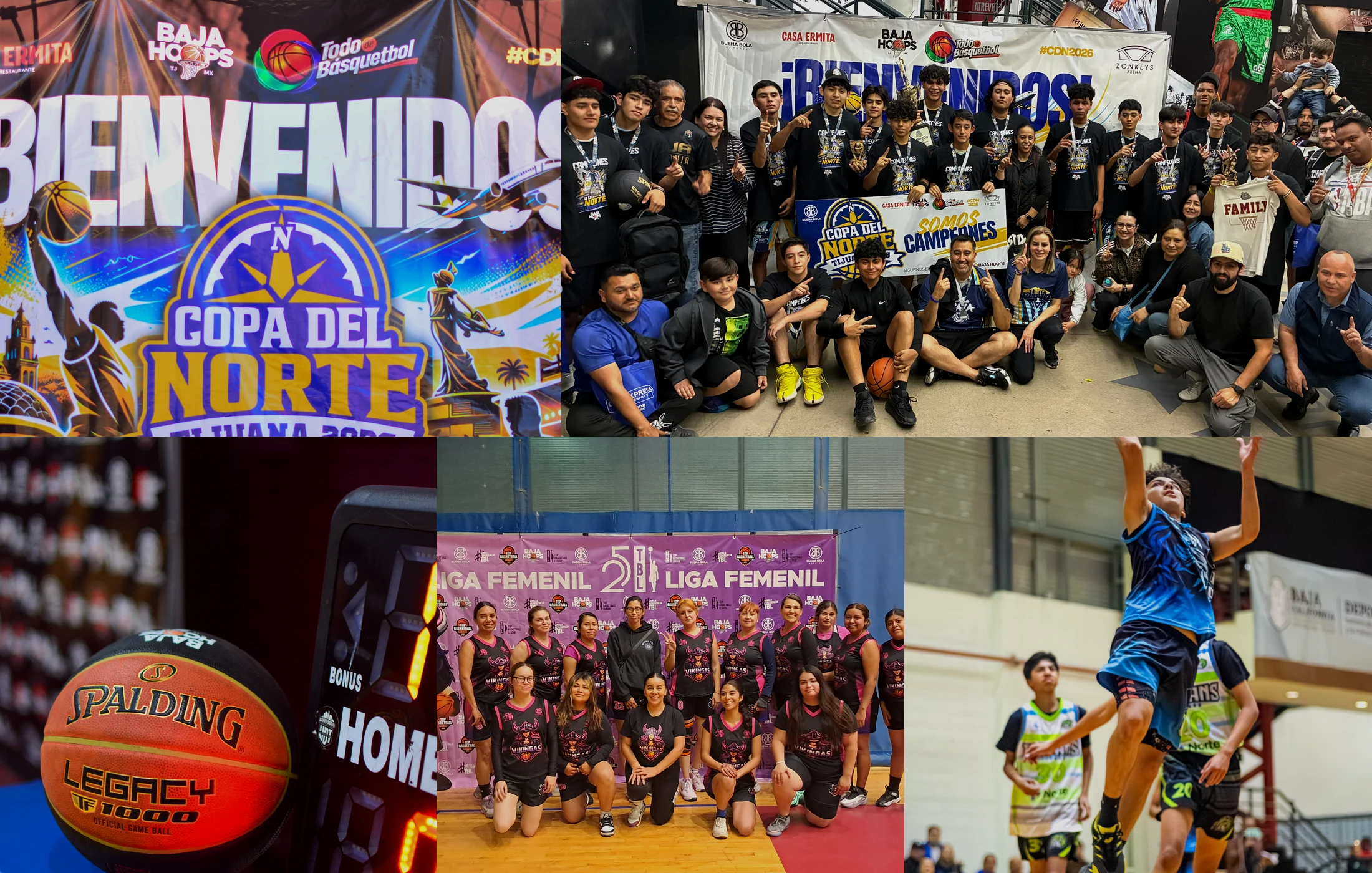 Collage de la experiencia Baja Hoops: torneos, comunidad, premiaciones y basketball en Tijuana